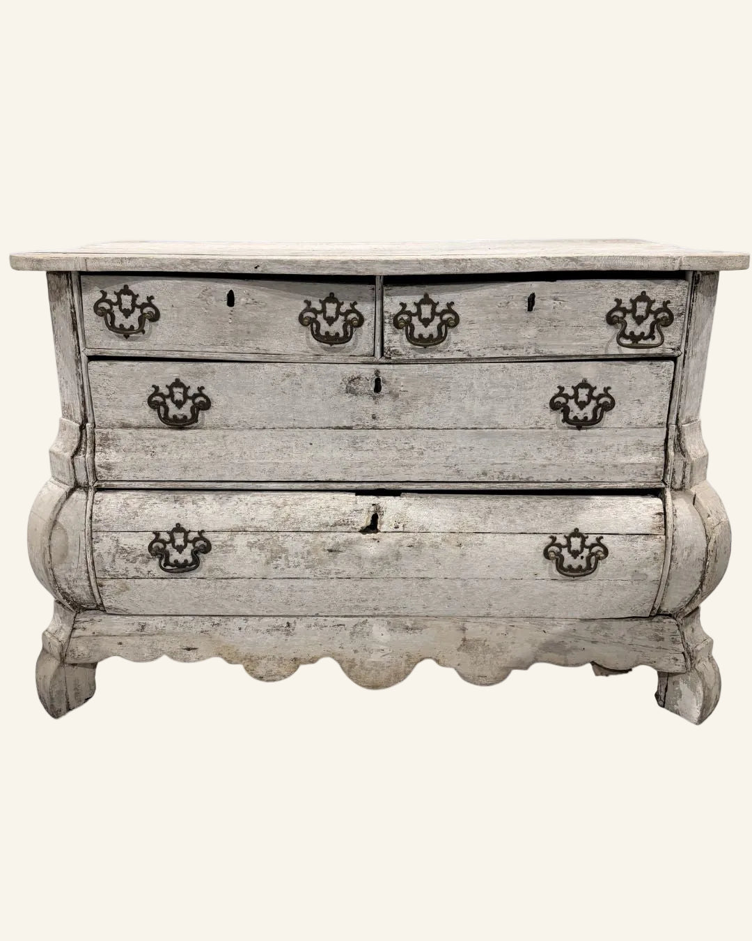 18th Century French Antique Baroque Bombé Chest in Distressed White Painted Finish - Drue Bohrer Antiques