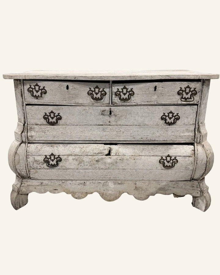 18th Century French Antique Baroque Bombé Chest in Distressed White Painted Finish - Drue Bohrer Antiques