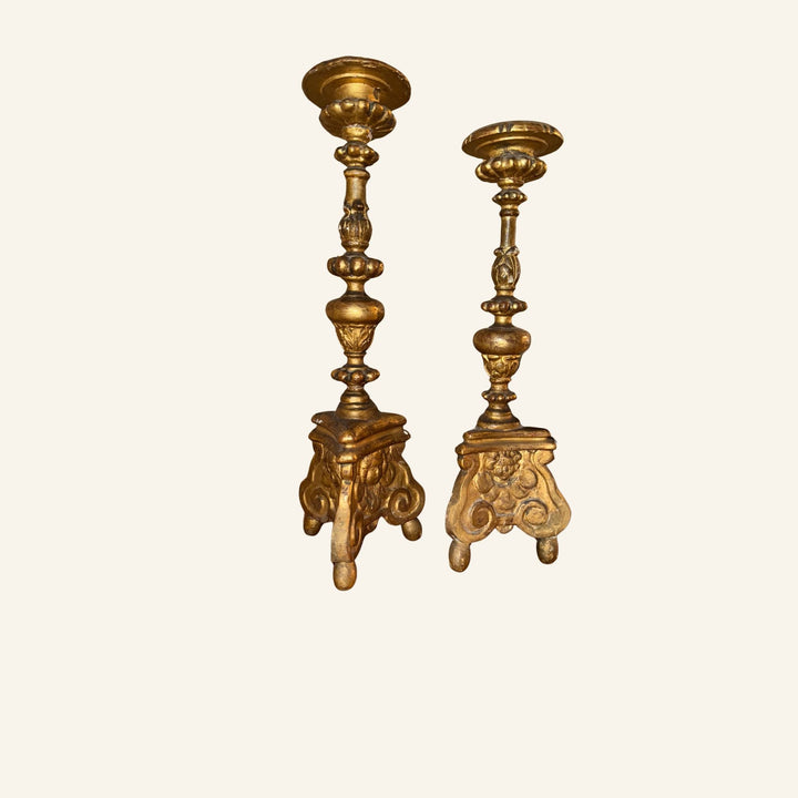 18th Century Pair of French Gold Leaf Altar Candlesticks from South of France - Drue Bohrer Antiques