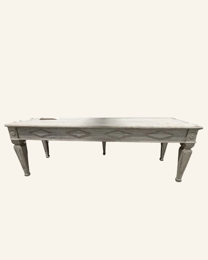 18th Century Swedish Gustavian Bench in Whitewashed Grey Painted Finish - Drue Bohrer Antiques