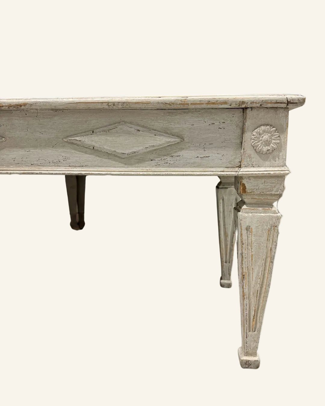 18th Century Swedish Gustavian Bench in Whitewashed Grey Painted Finish - Drue Bohrer Antiques