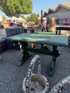 19th Century French Antique Farmhouse Trestle Bench in Painted Green Finish - Drue Bohrer Antiques