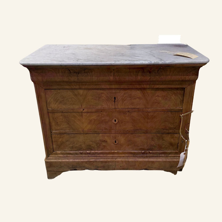 19th Century French Louis Philippe Bleached Walnut Chest with White Marble Top - Drue Bohrer Antiques