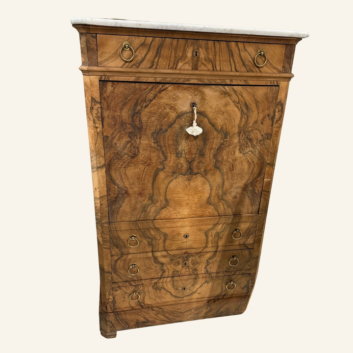 19th Century French Louis Philippe Bleached Walnut Secrétaire à Abattant with White Marble Top - Drue Bohrer Antiques
