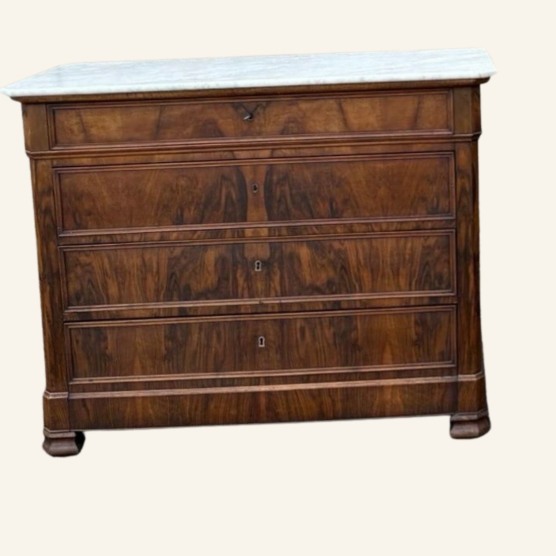 19th Century French Louis Philippe Burl Walnut Chest of Drawers with White Marble Top - Drue Bohrer Antiques