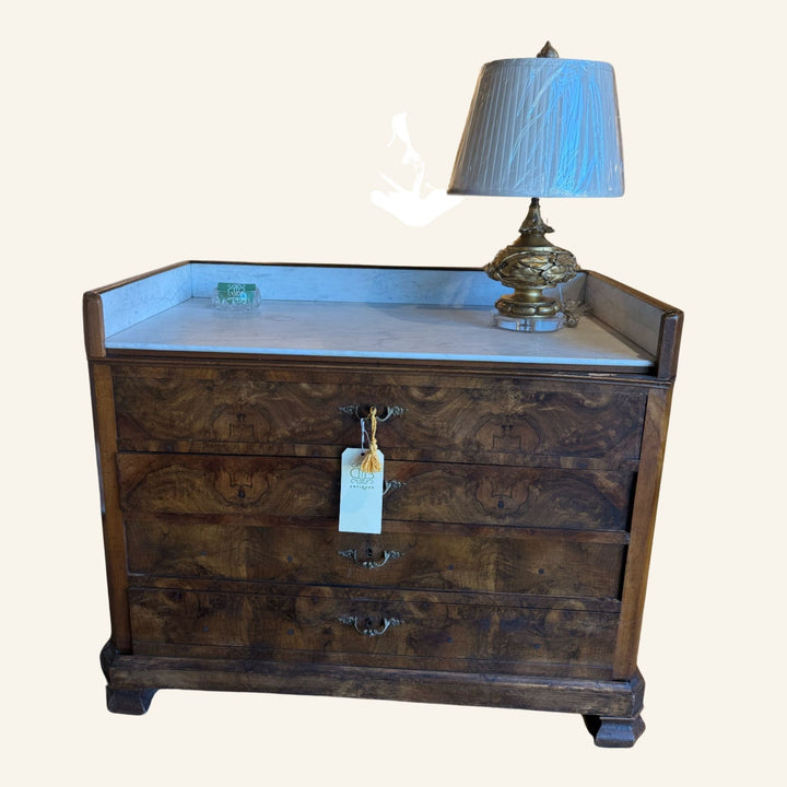 19th Century French Louis Philippe Burl Walnut Commode/Wash Stand with White Marble Top - Drue Bohrer Antiques