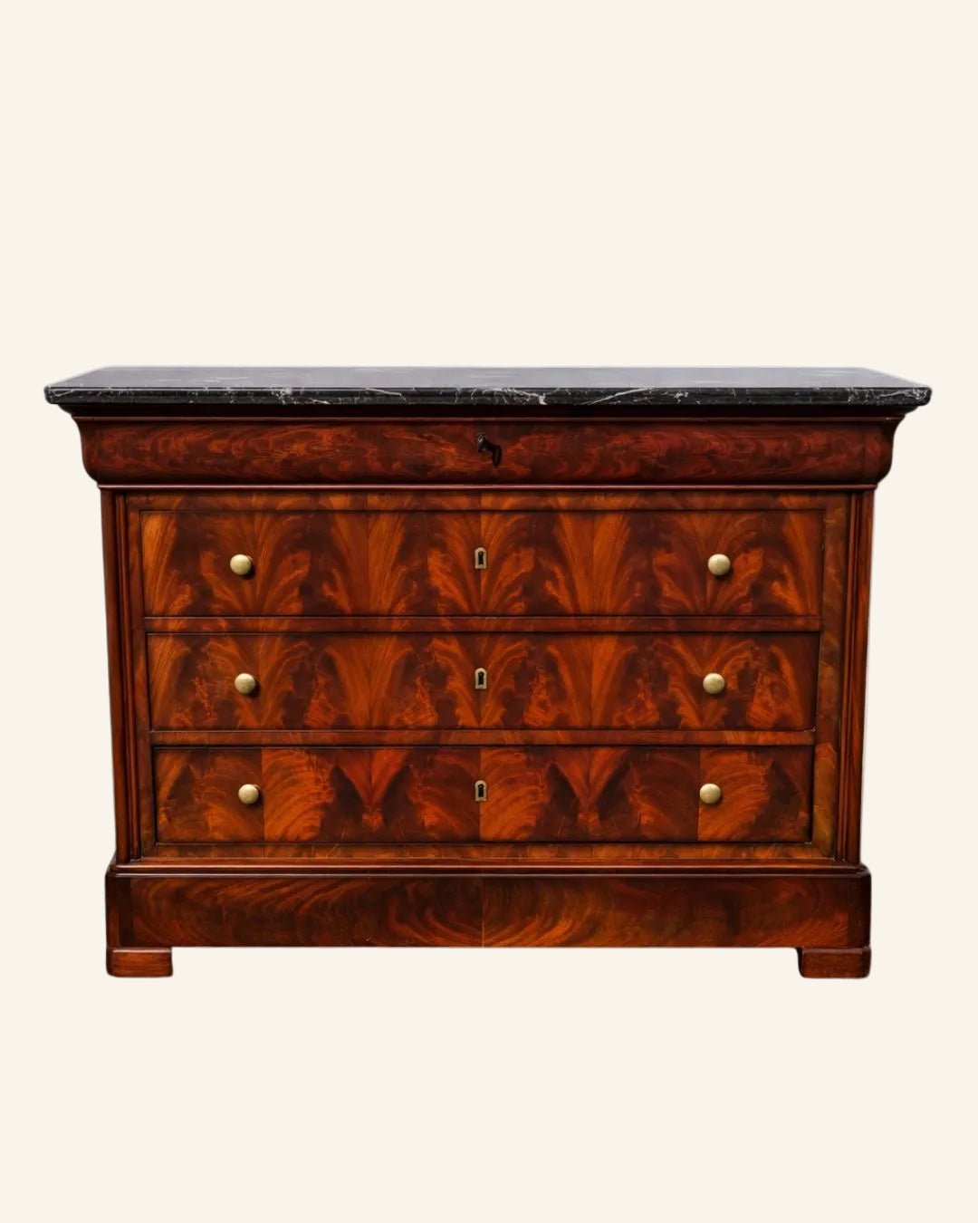 19th Century French Louis - Philippe Flame Mahogany Commode with St. Anne Marble Top - Drue Bohrer Antiques