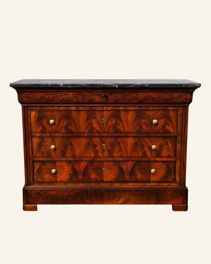 19th Century French Louis - Philippe Flame Mahogany Commode with St. Anne Marble Top - Drue Bohrer Antiques