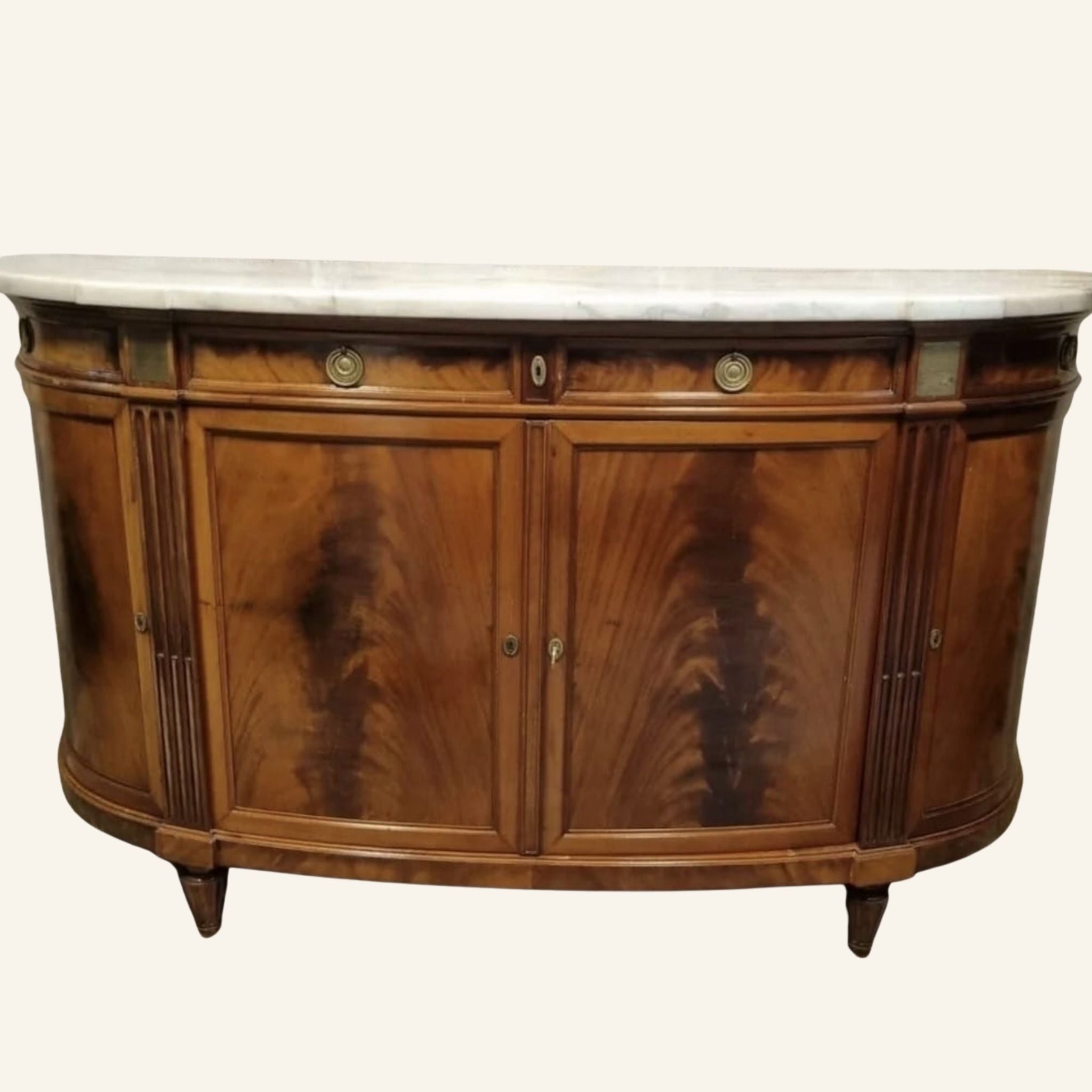 19th Century French Louis XVI Flame Mahogany Demilune Sideboard with White Marble Top - Drue Bohrer Antiques