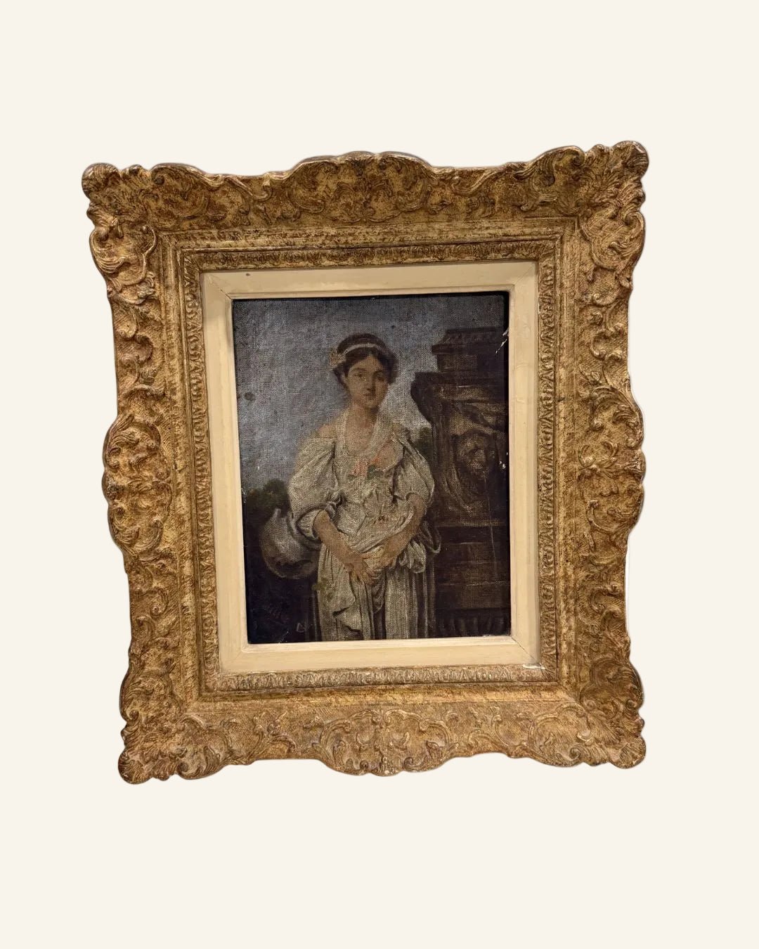 19th Century French Painting of Young Woman, Oil on Canvas, in Carved Gilt Wood Frame - Drue Bohrer Antiques