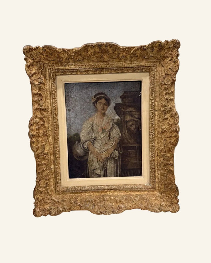 19th Century French Painting of Young Woman, Oil on Canvas, in Carved Gilt Wood Frame - Drue Bohrer Antiques