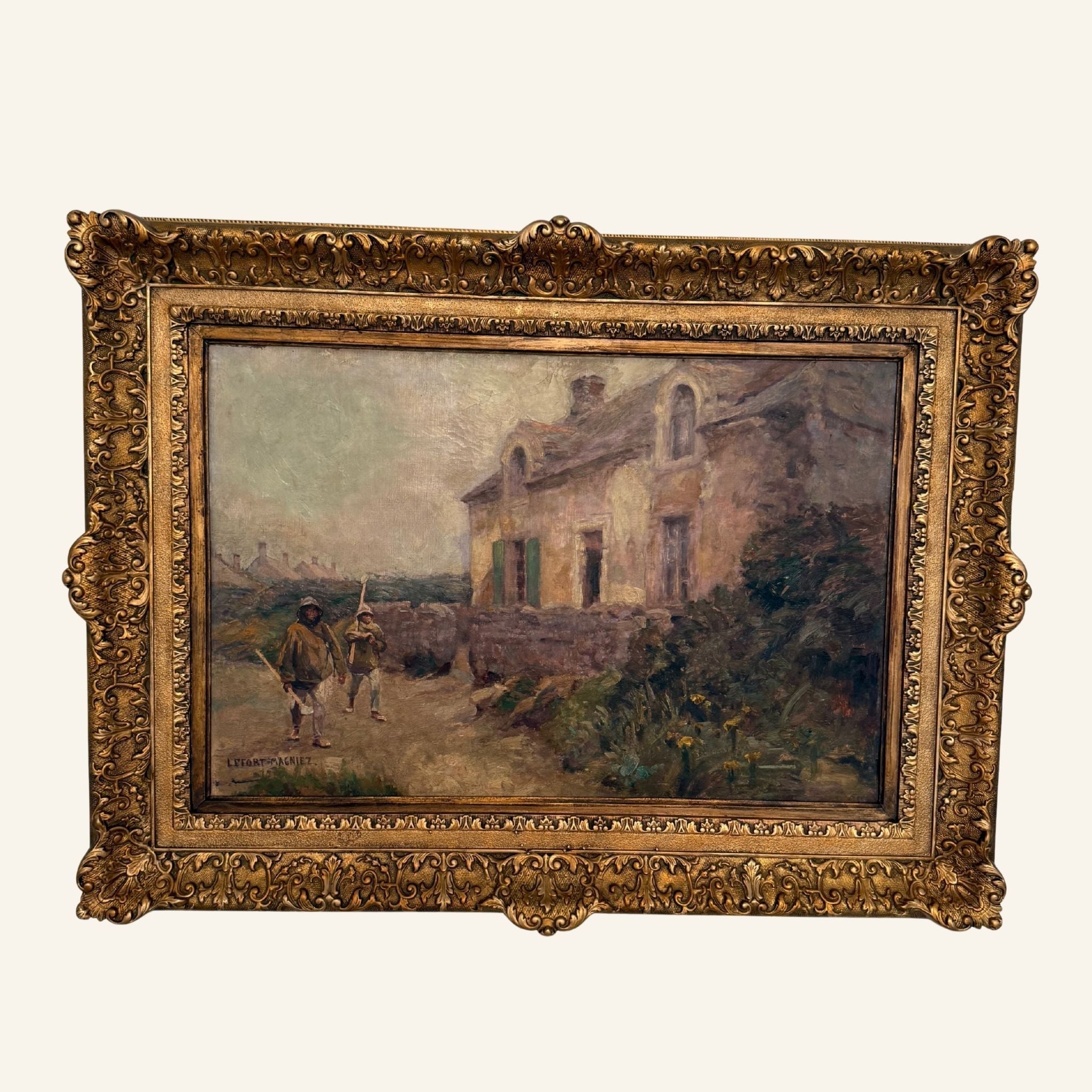19th Century French Village Scene Painting, Oil on Canvas, Signed in Original Frame - Drue Bohrer Antiques