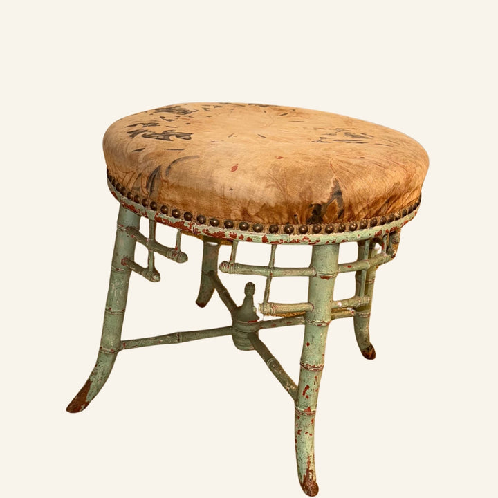 19th Century Napoleon III French Antique Chinoiserie Faux - Bamboo Tabouret Stool with Original Green Painted Patina and Textile - Drue Bohrer Antiques