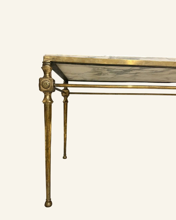 Early 20th Century French Louis XVI Gilt Iron Cocktail Table with White Marble Top in the Manner of Maison Jansen - Drue Bohrer Antiques