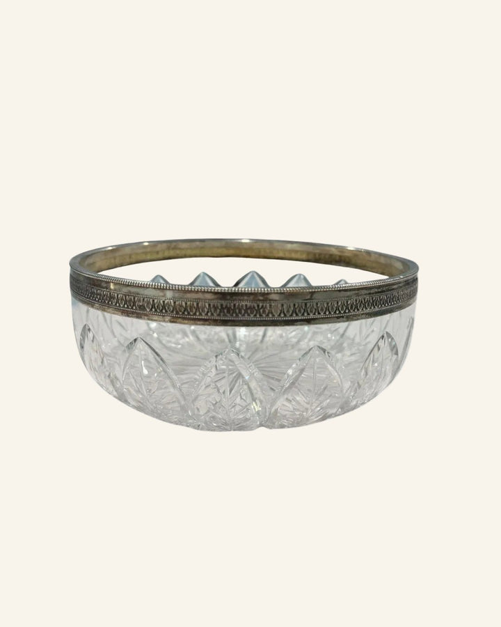 French Christofle Crystal Serving Bowl with Silver Plate Rim - Drue Bohrer Antiques