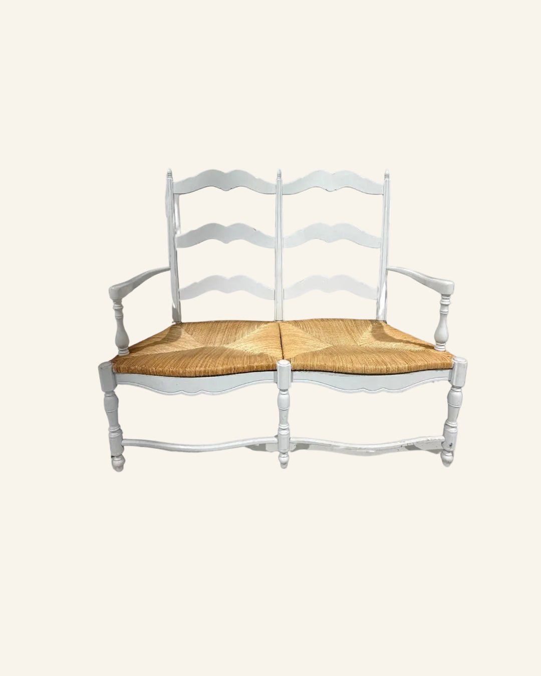 French Provençal Painted Ladder - Back Bench with Real Straw Seat - Drue Bohrer Antiques