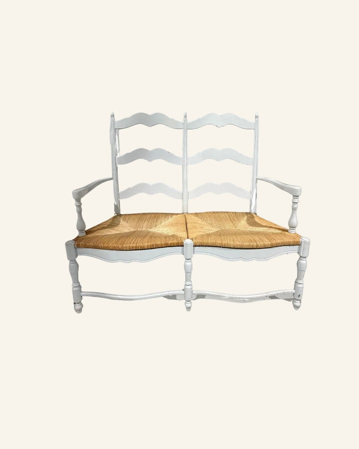 French Provençal Painted Ladder - Back Bench with Real Straw Seat - Drue Bohrer Antiques
