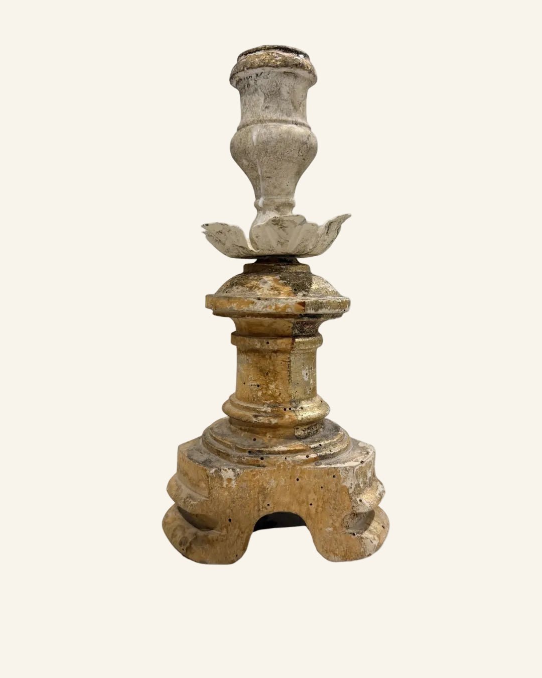 Italian Antique Fragment Candlestick with Gilt Column and White Petal Collar - Drue Bohrer Antiques