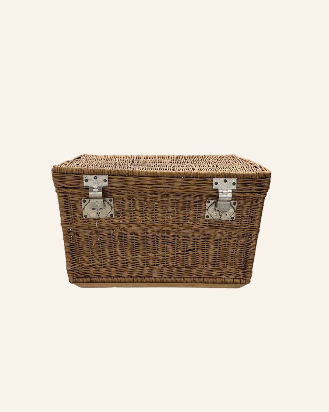 Large 19th Century French Willow Wicker Hamper Trunk with Steel Hardware — Hand Woven - Drue Bohrer Antiques