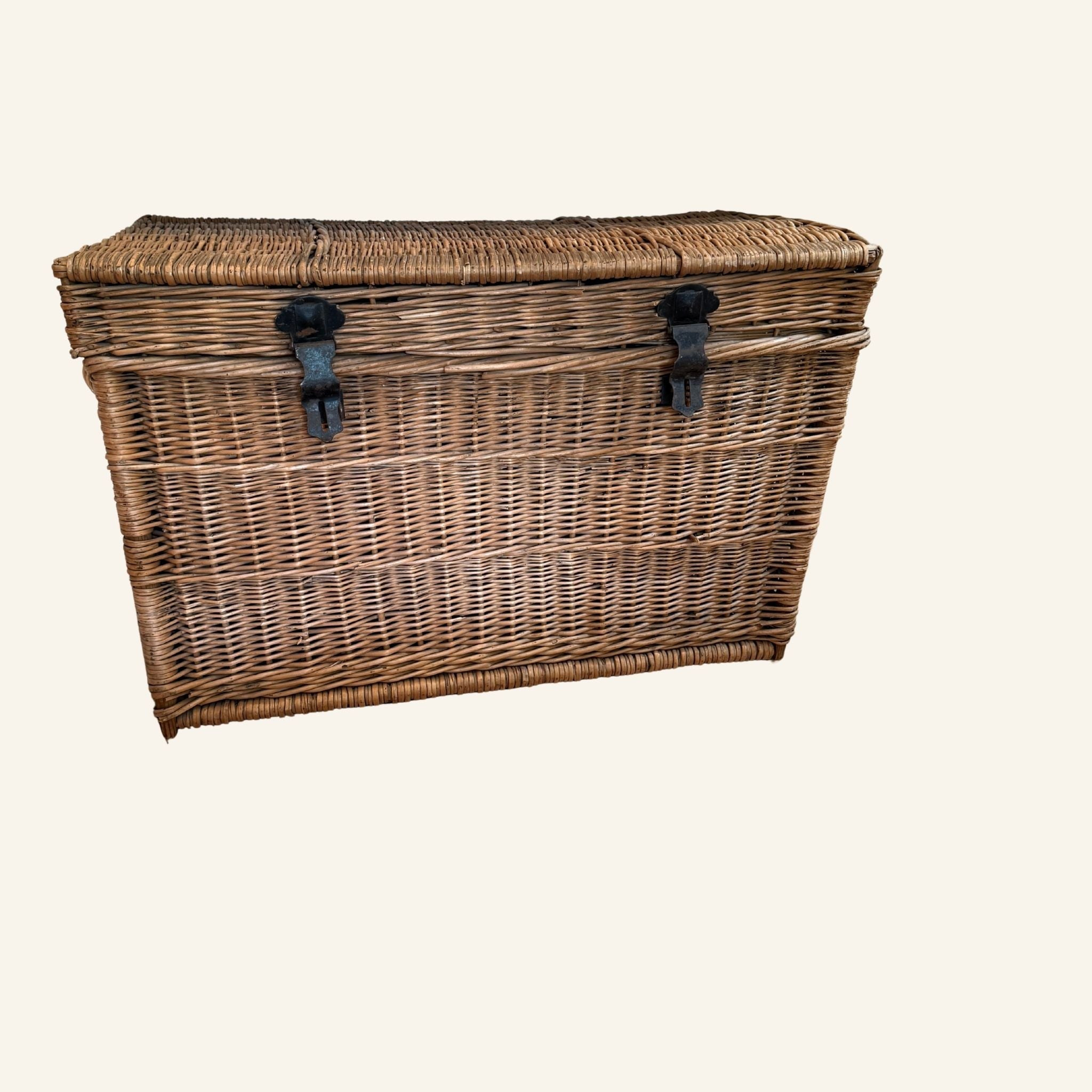Large Antique French Willow Basket Hamper with Wrought Iron Hardware - Hand Woven - Drue Bohrer Antiques