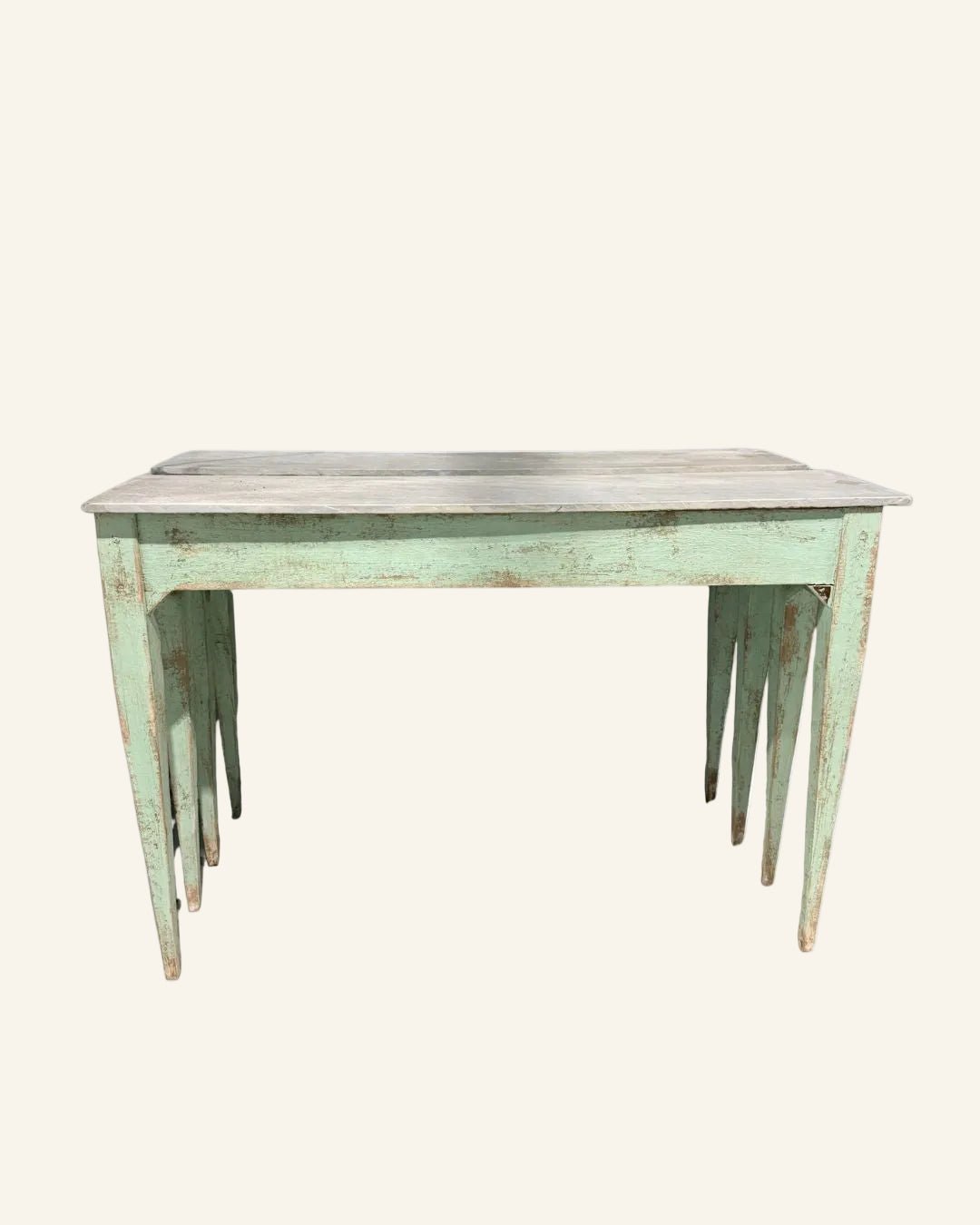Pair of 19th Century French Directoire Style Painted Console Tables in Faded Celadon Green - Drue Bohrer Antiques