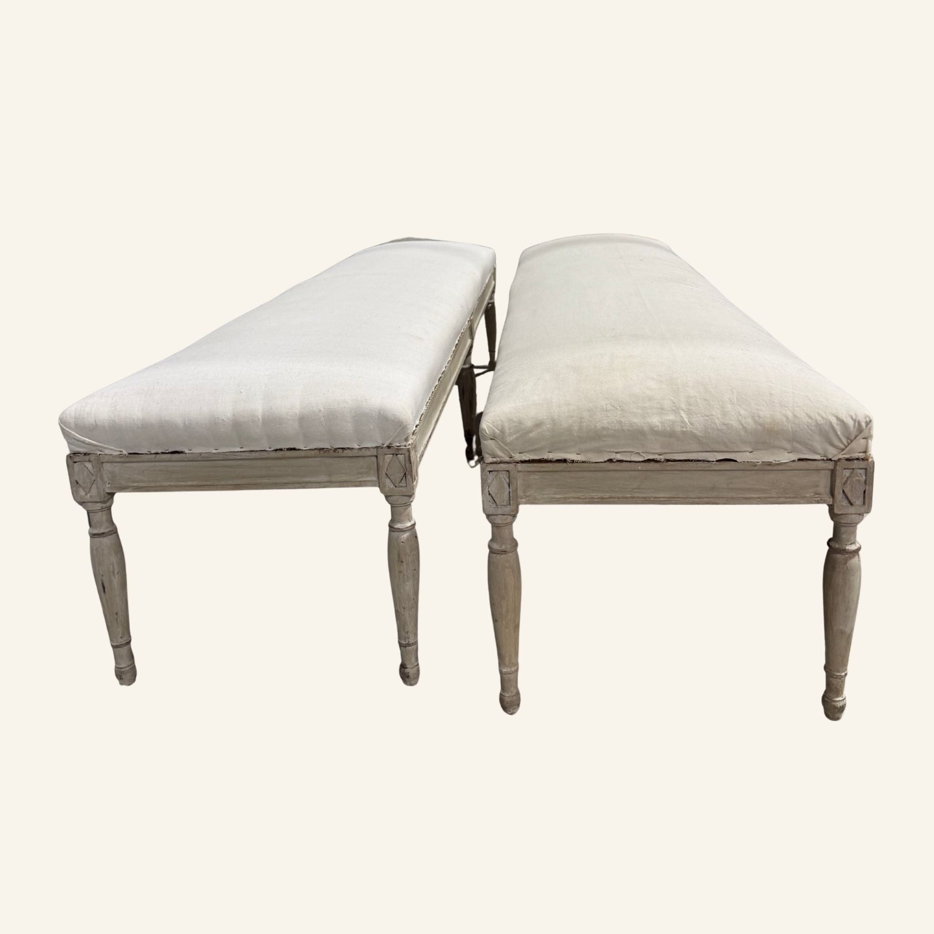 Pair of Early 20th Century French Louis XVI Style Benches with Linen Upholstery - Drue Bohrer Antiques