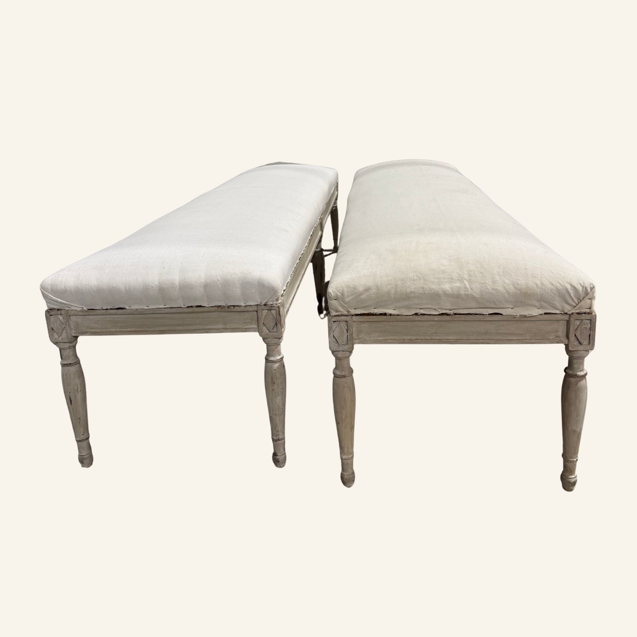 Pair of Early 20th Century French Louis XVI Style Benches with Linen Upholstery - Drue Bohrer Antiques