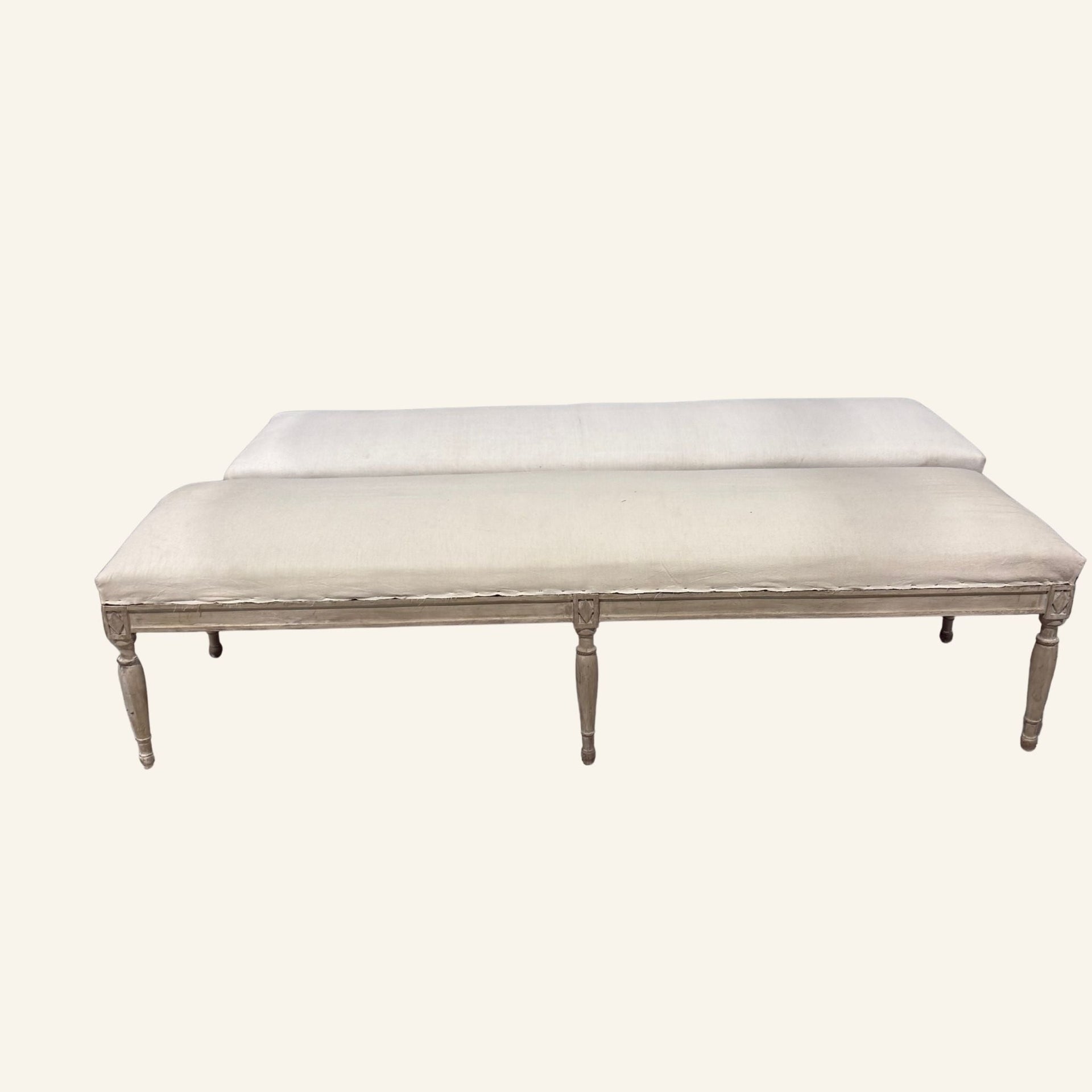 Pair of Early 20th Century French Louis XVI Style Benches with Linen Upholstery - Drue Bohrer Antiques