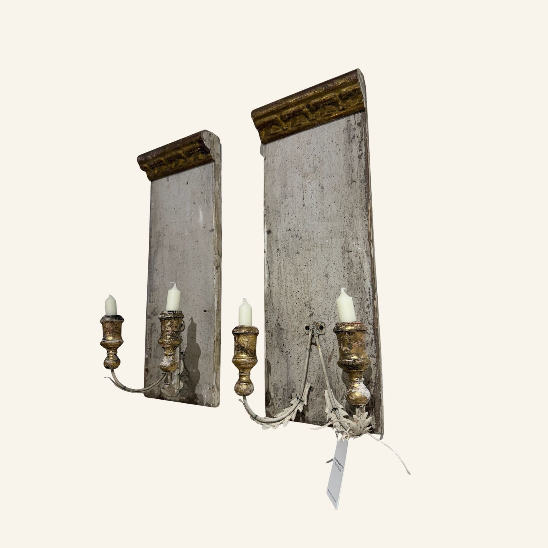 Pair of Italian Antique Fragment Candle Sconces in Silver & Gold Leaf - Drue Bohrer Antiques