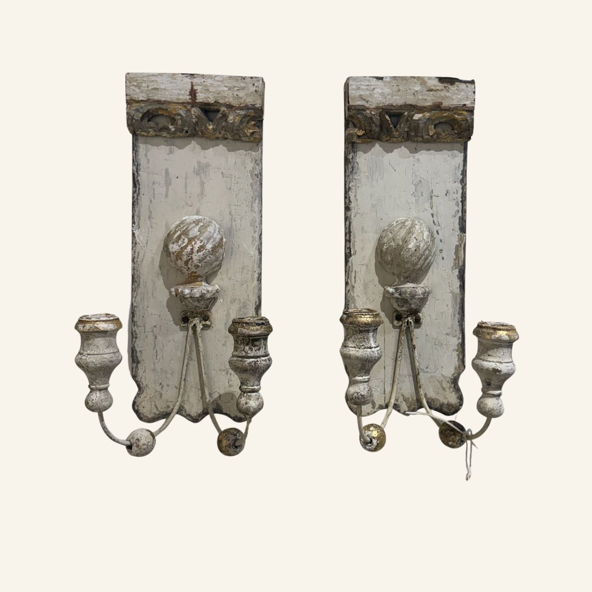Pair of Italian Antique Fragment Candle Sconces in Silver & Gold Leaf - Drue Bohrer Antiques