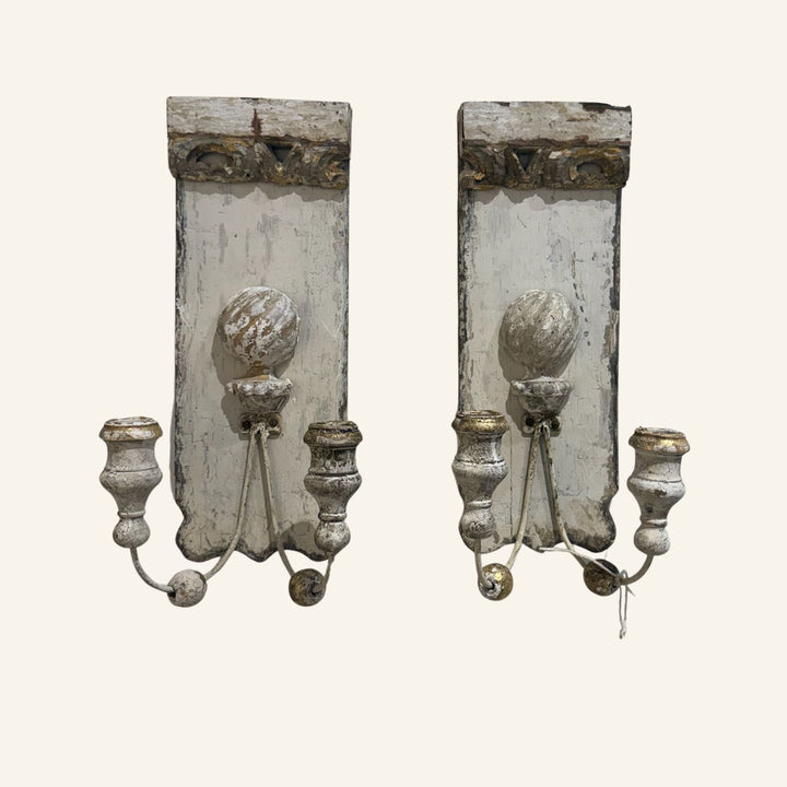 Pair of Italian Antique Fragment Candle Sconces in Silver & Gold Leaf - Drue Bohrer Antiques
