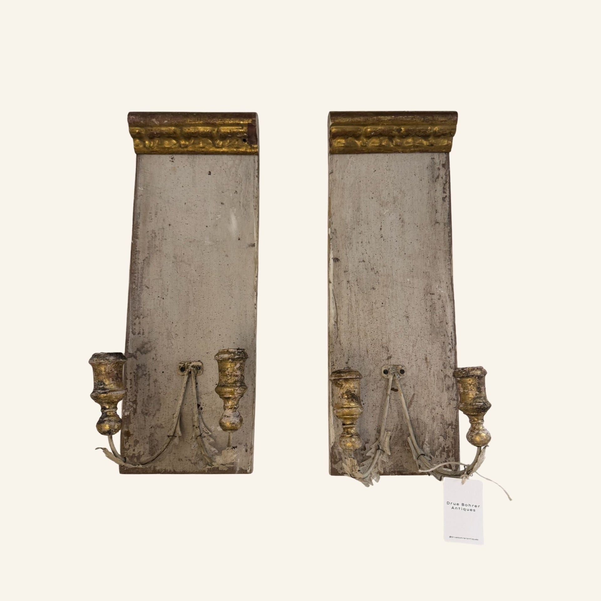 Pair of Italian Antique Fragment Candle Sconces in Silver & Gold Leaf - Drue Bohrer Antiques