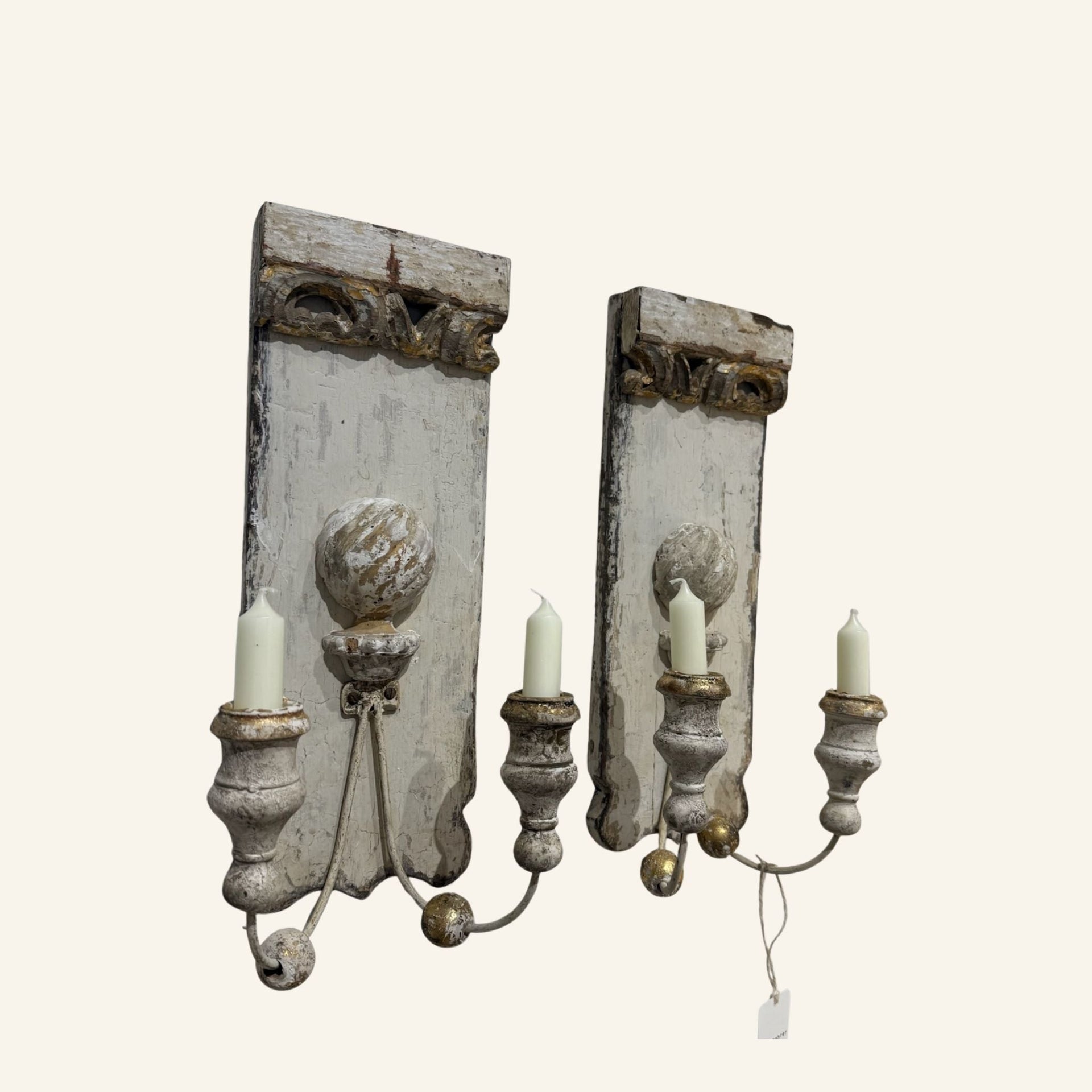 Pair of Italian Antique Fragment Candle Sconces in Silver & Gold Leaf - Drue Bohrer Antiques