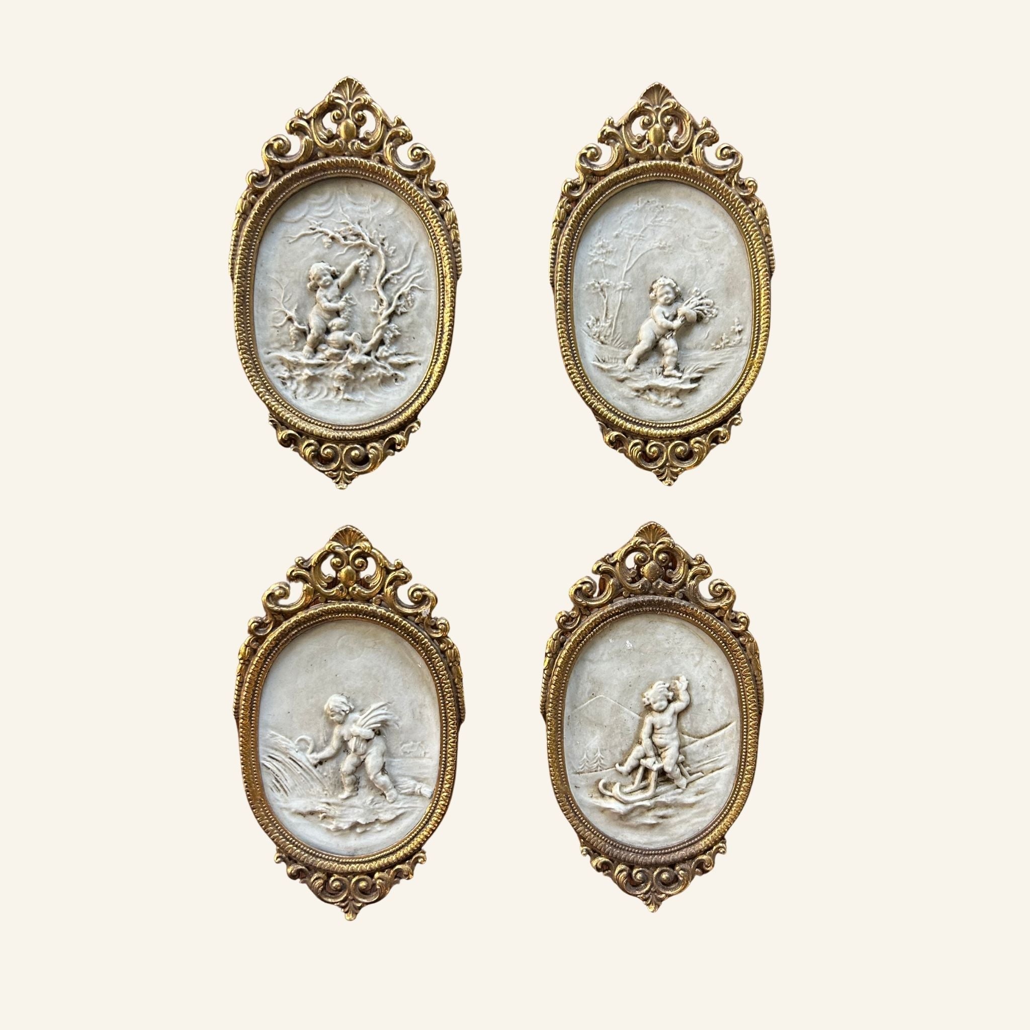 Set of 4 French Antique Porcelain Oval Plaques in Bronze Frames - Drue Bohrer Antiques