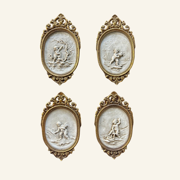 Set of 4 French Antique Porcelain Oval Plaques in Bronze Frames - Drue Bohrer Antiques