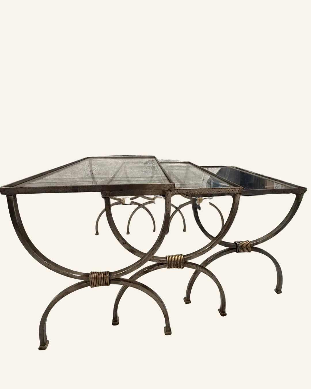 Set of Three French Mid - Century Iron Nesting Tables with Glass Tops - Drue Bohrer Antiques