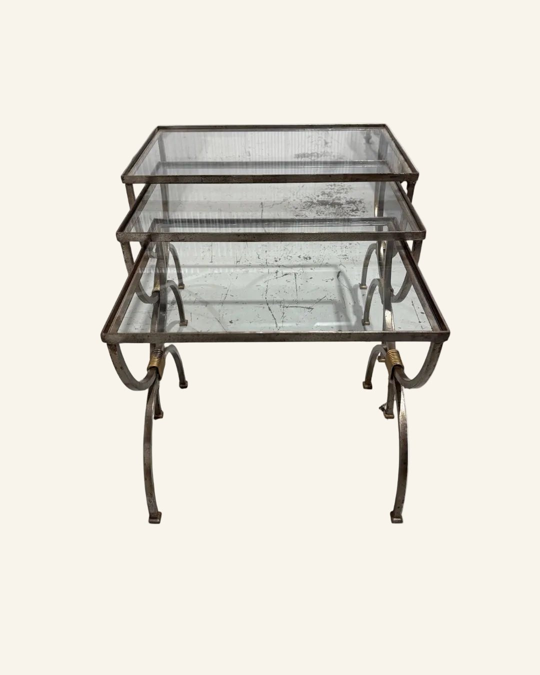 Set of Three French Mid - Century Iron Nesting Tables with Glass Tops - Drue Bohrer Antiques