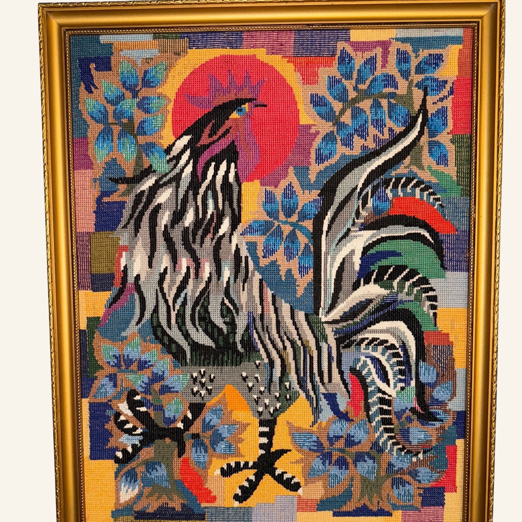 Vintage French Framed Turkey Hand - stitched Tapestry - Drue Bohrer Antiques