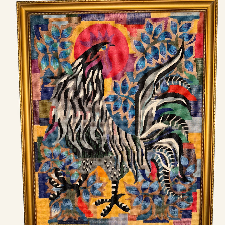 Vintage French Framed Turkey Hand - stitched Tapestry - Drue Bohrer Antiques