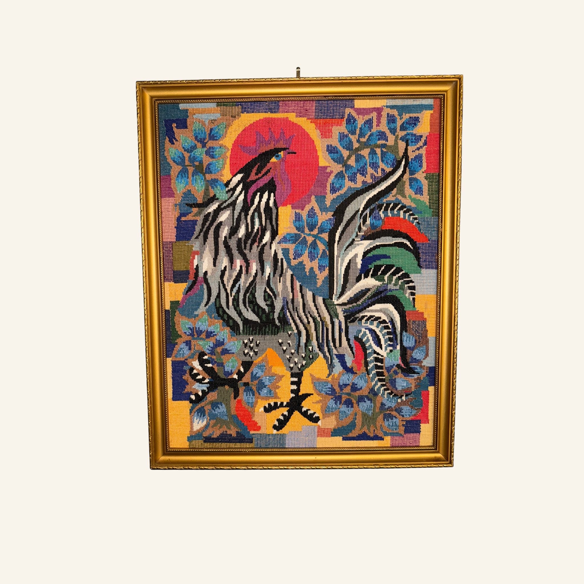 Vintage French Framed Turkey Hand - stitched Tapestry - Drue Bohrer Antiques
